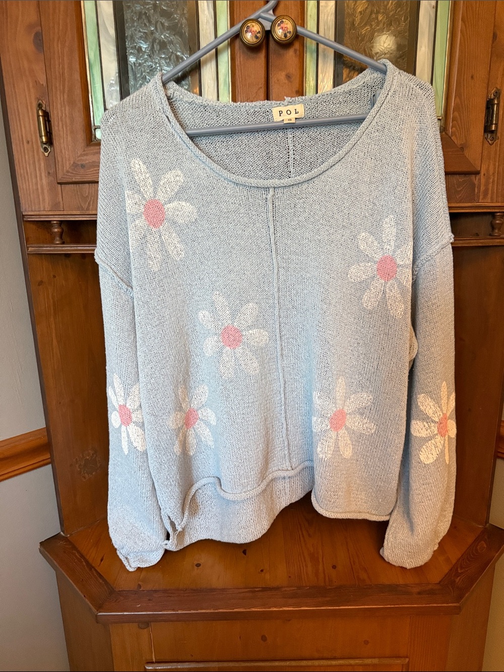 POL Sky Blue Daisy Print Knit Pullover Sweater - Size S (Oversized)
